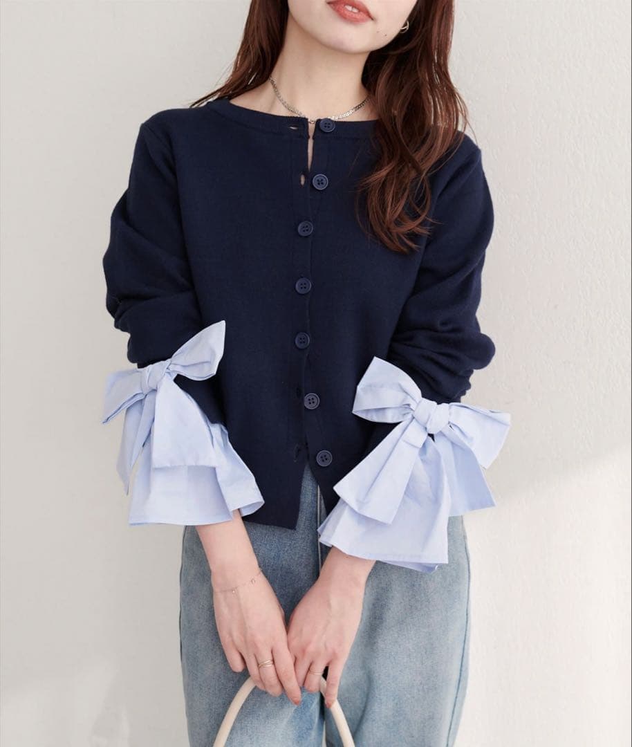 袖口リボンクルーネックカーデ natural couture