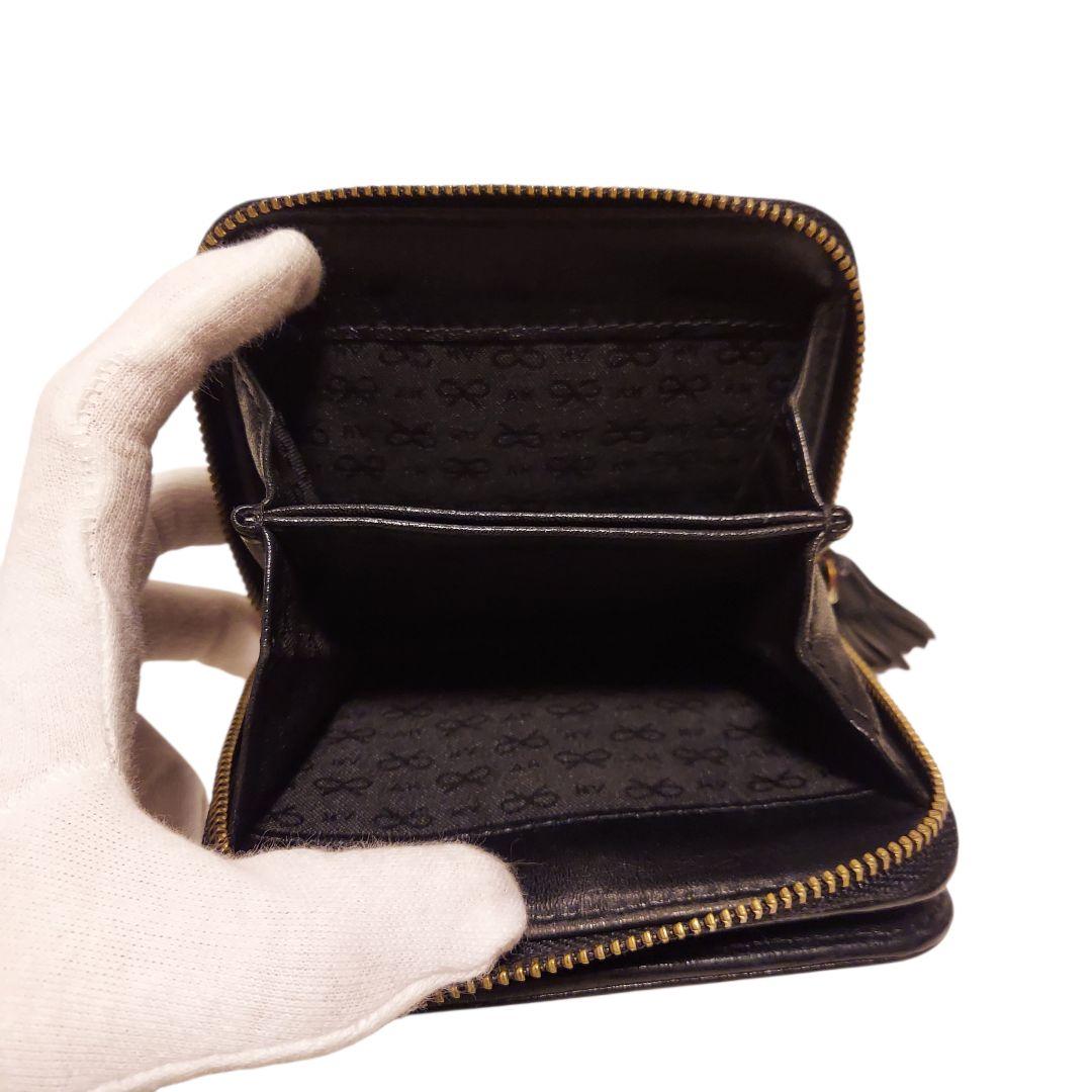 【ANYA HINDMARCH】ラウンドウォレット リボン ハート 黒 レザー