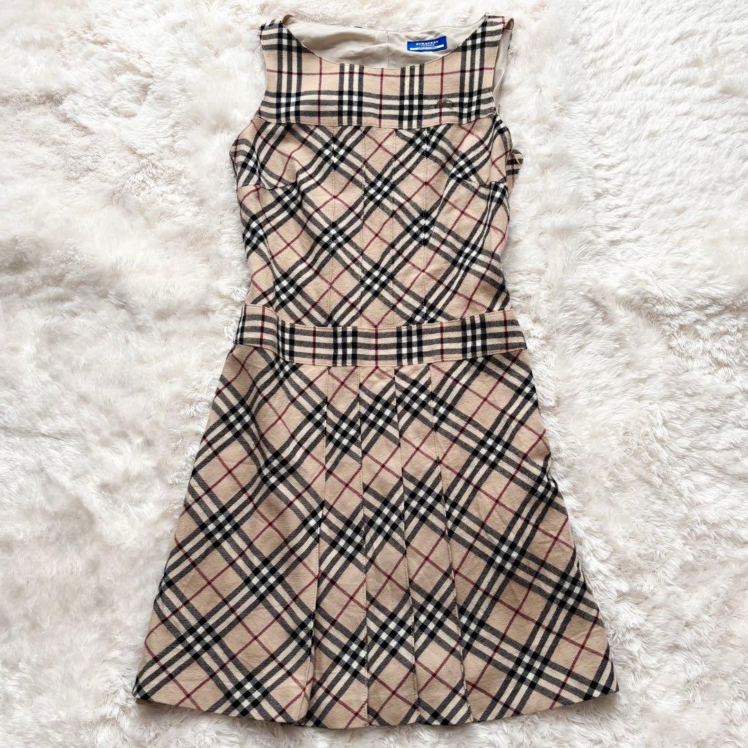 美品 バーバリーブルーレーベル ノバチェック プリーツワンピース ホースロゴ刺繍