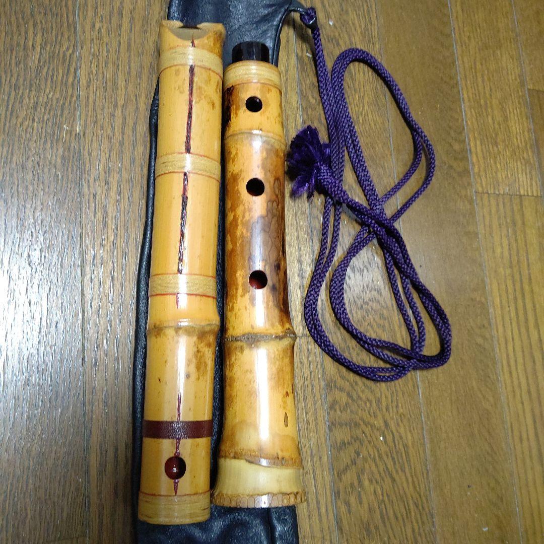 友正岳童銘一尺八寸管三印　皮袋付き検尺八　伝統楽器　琴古流　和楽器