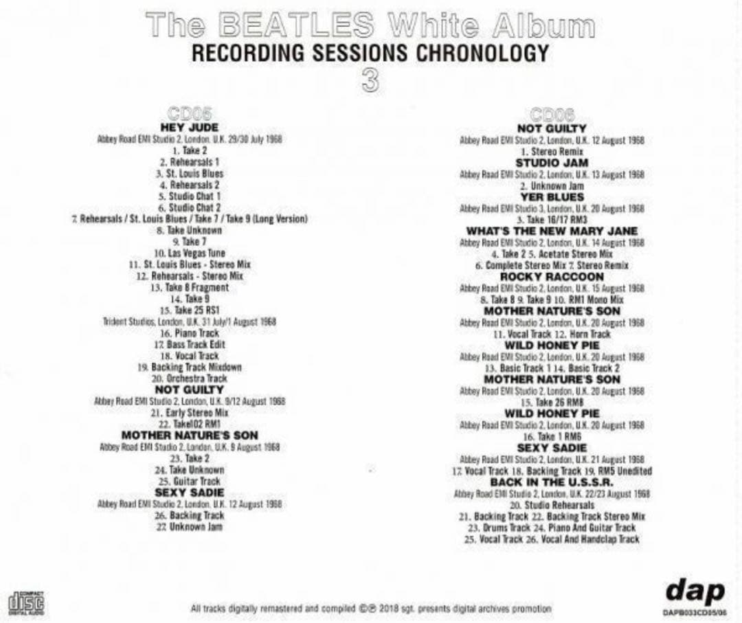 洋楽 WHITEALBUM RECORDING SESSIONS CHRONOLOGY