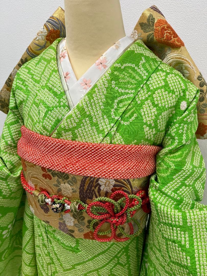 総絞り　振り袖　フルセット　長襦袢付　グリーン　絵羽模様　成人式　846