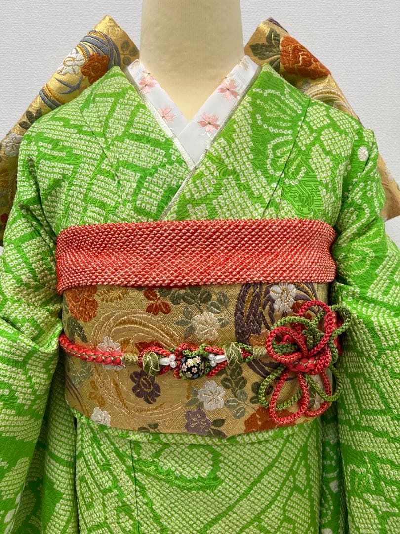 総絞り　振り袖　フルセット　長襦袢付　グリーン　絵羽模様　成人式　846