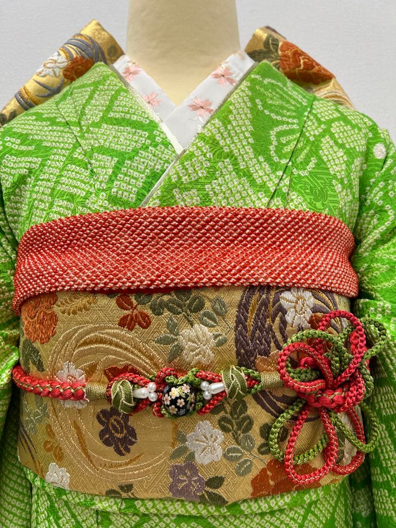 総絞り　振り袖　フルセット　長襦袢付　グリーン　絵羽模様　成人式　846