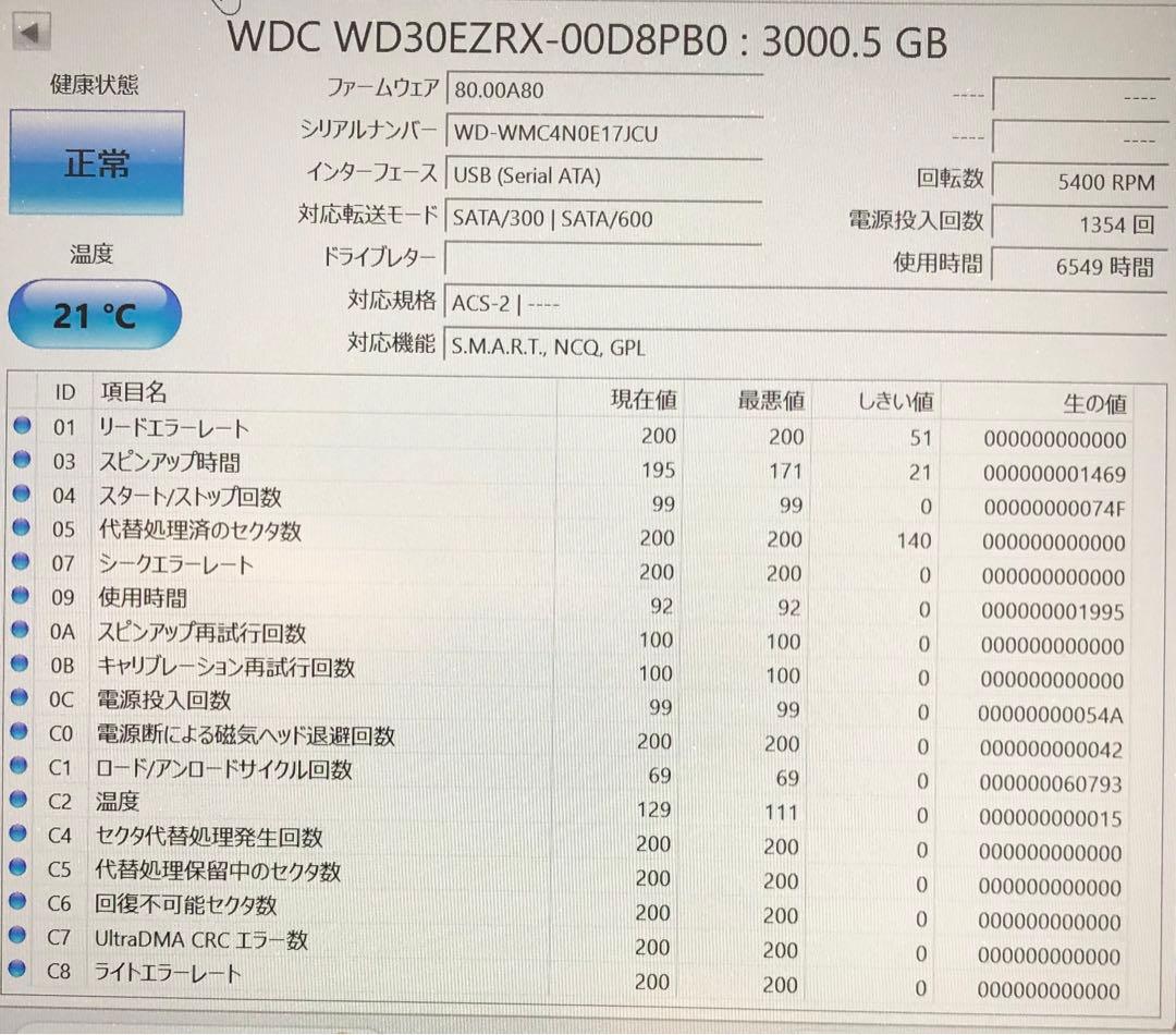 3.5インチ 3TB HDD. WD. 使用時間 6549h 健康状態　正常