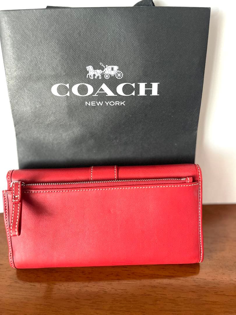 新品未使用☆ COACH コーチレザー 朱色　三つ折り財布