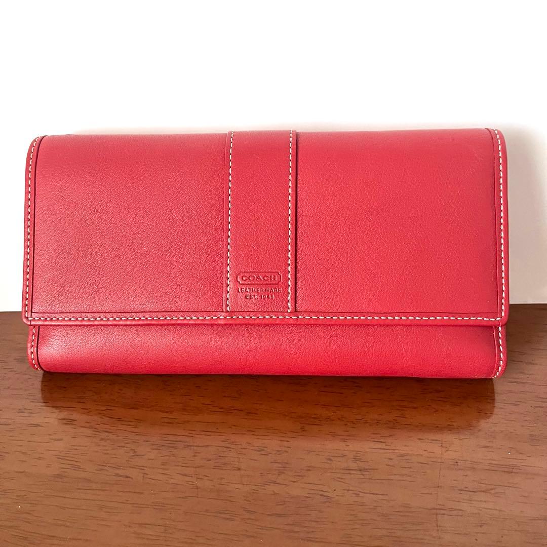 新品未使用☆ COACH コーチレザー 朱色　三つ折り財布