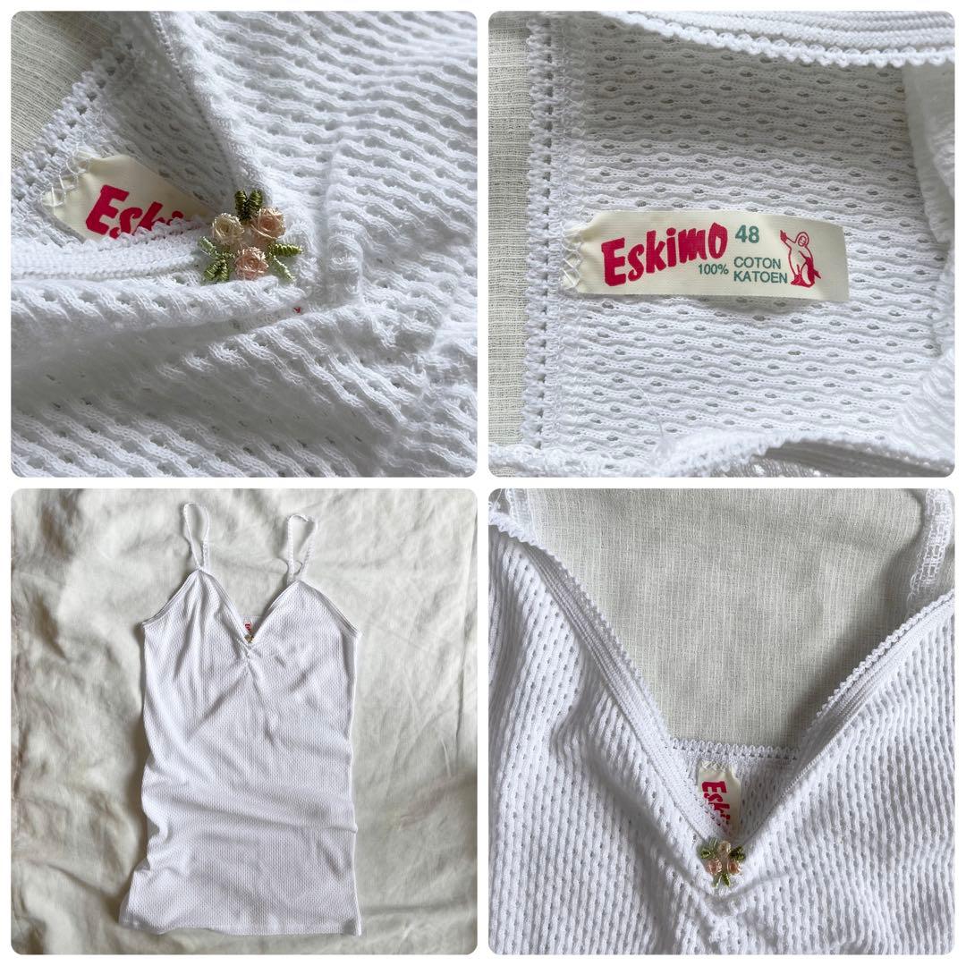 フランスヴィンテージ レースパイピングとお花の刺繍 コットンキャミソール