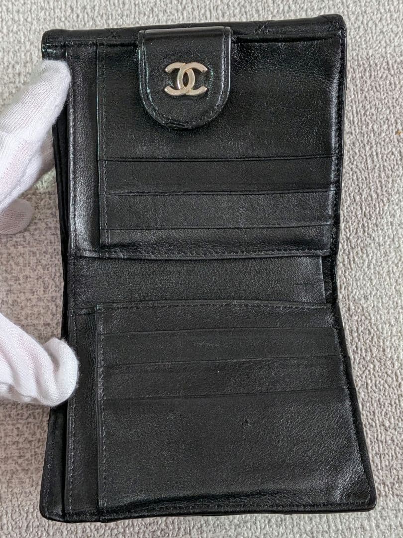 シャネル　ビコローレ　Wホック折り財布　ラムスキン　黒　正規品　チェーン