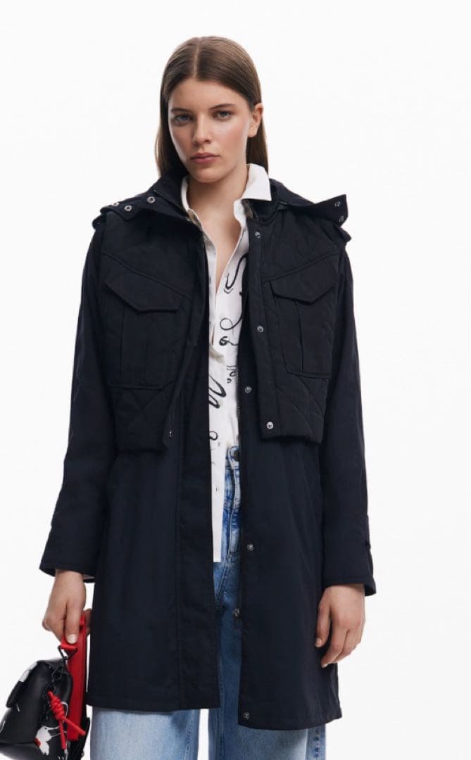 値下げDesigual デシグアル　今季2in1 パデッドパーカーコート