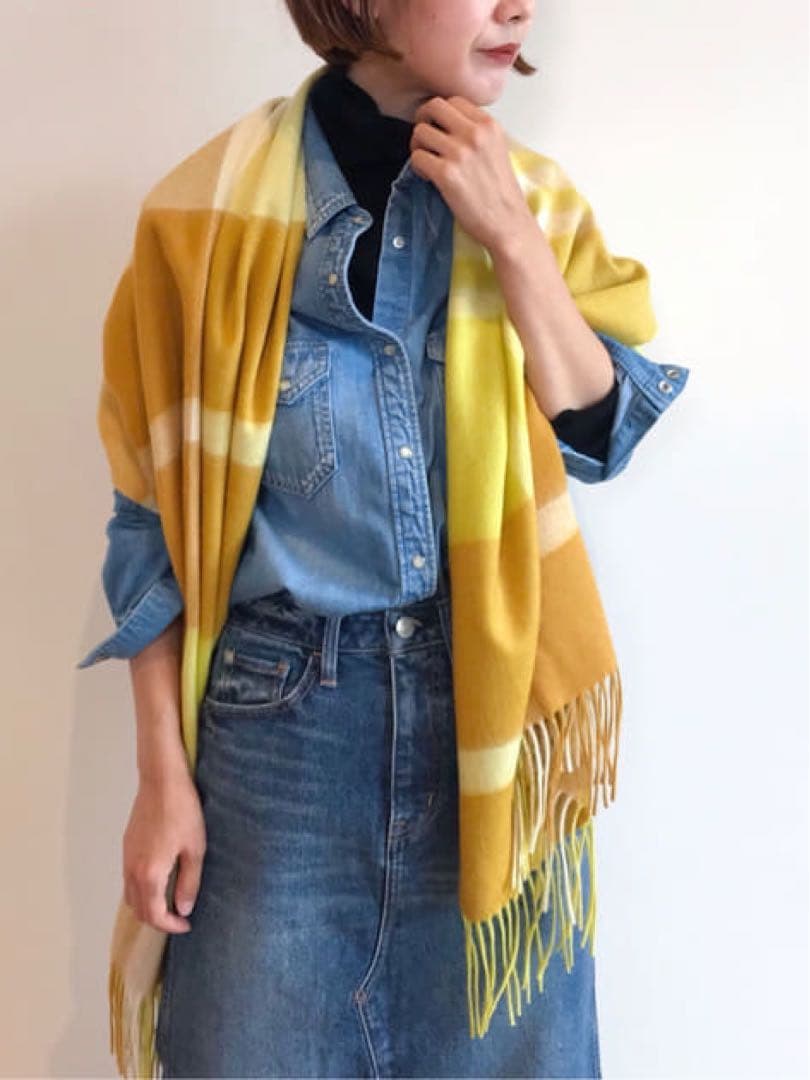 allureville ウールチェックストール イエロー ベージュ キャメル