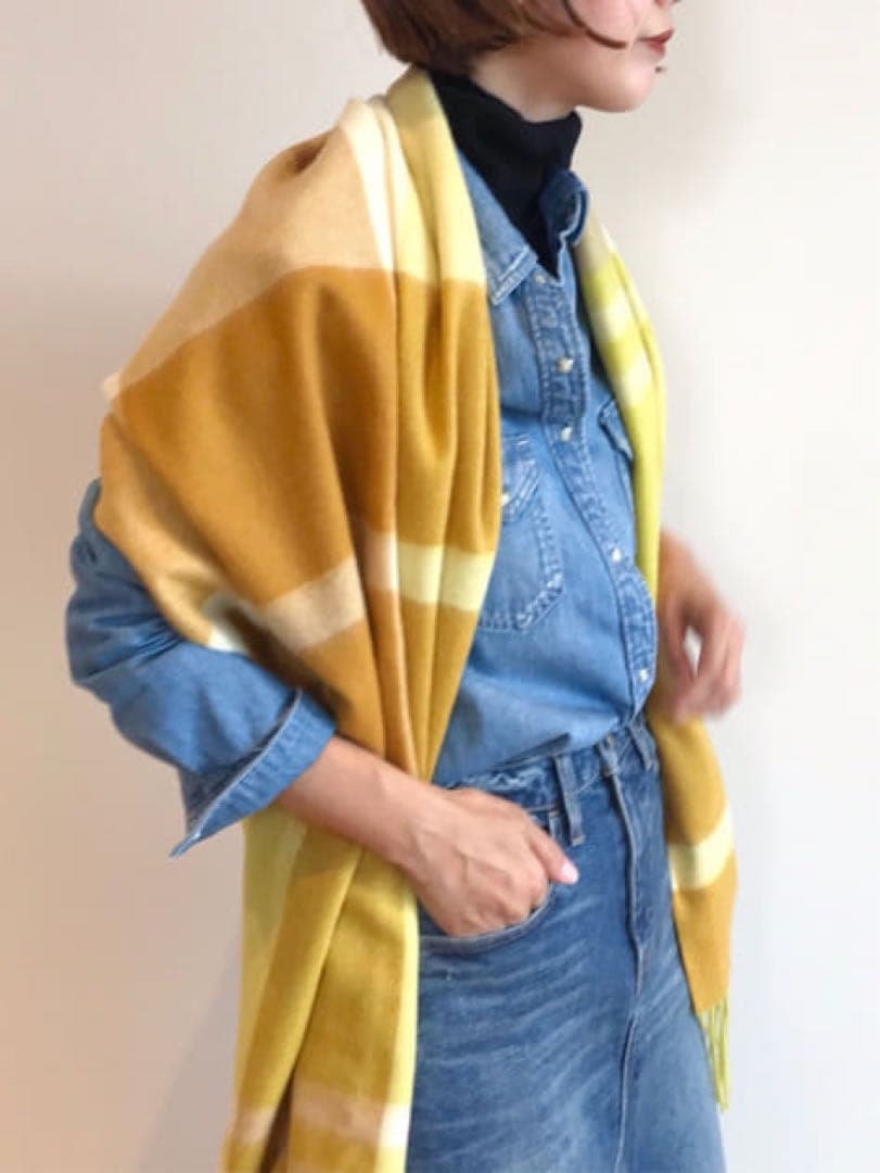 allureville ウールチェックストール イエロー ベージュ キャメル