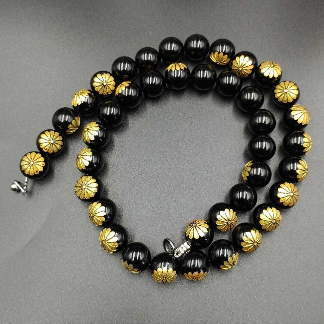 総金菊紋彫り14㎜オニキス数珠ネックレス★約60cm／158g