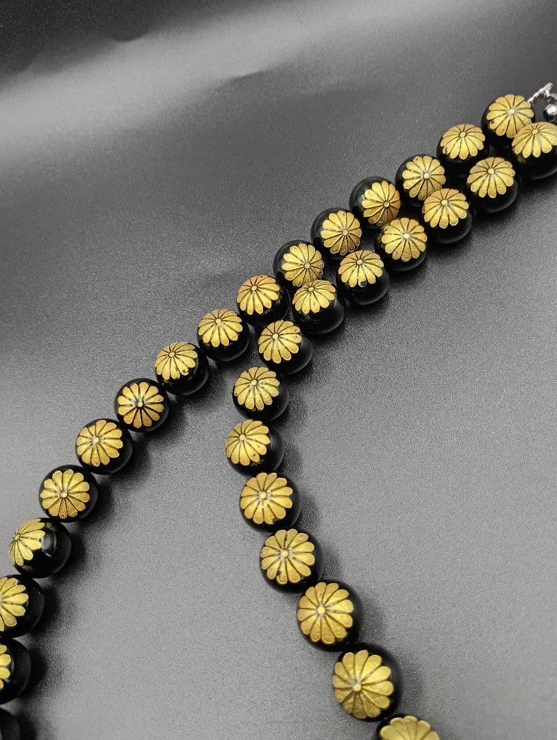 総金菊紋彫り14㎜オニキス数珠ネックレス★約60cm／158g