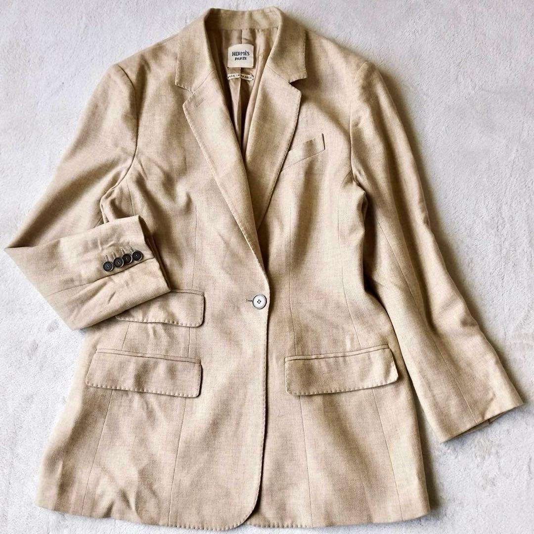 HERMES エルメス 100%カシミア テーラードジャケット ベージュ　シルク