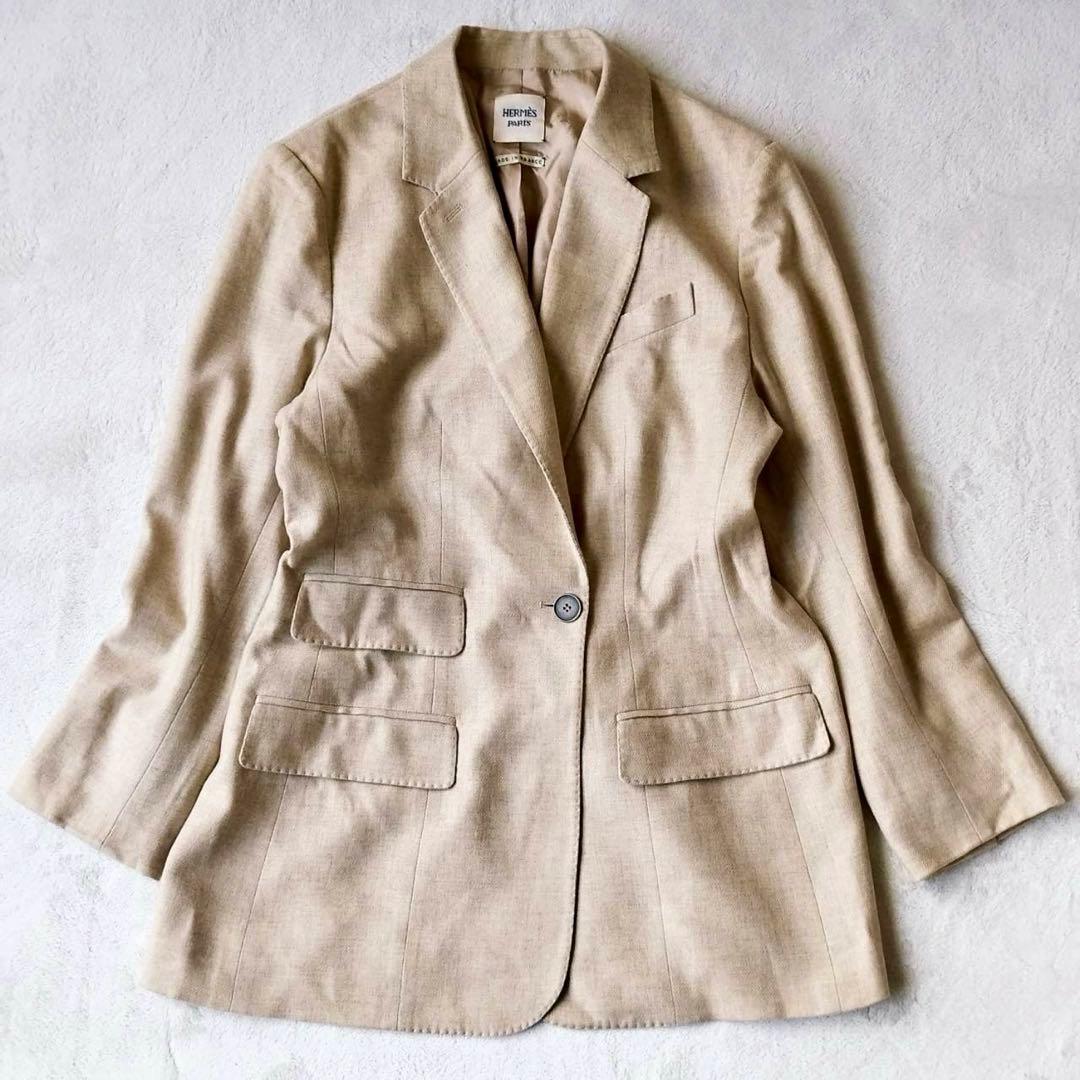 HERMES エルメス 100%カシミア テーラードジャケット ベージュ　シルク