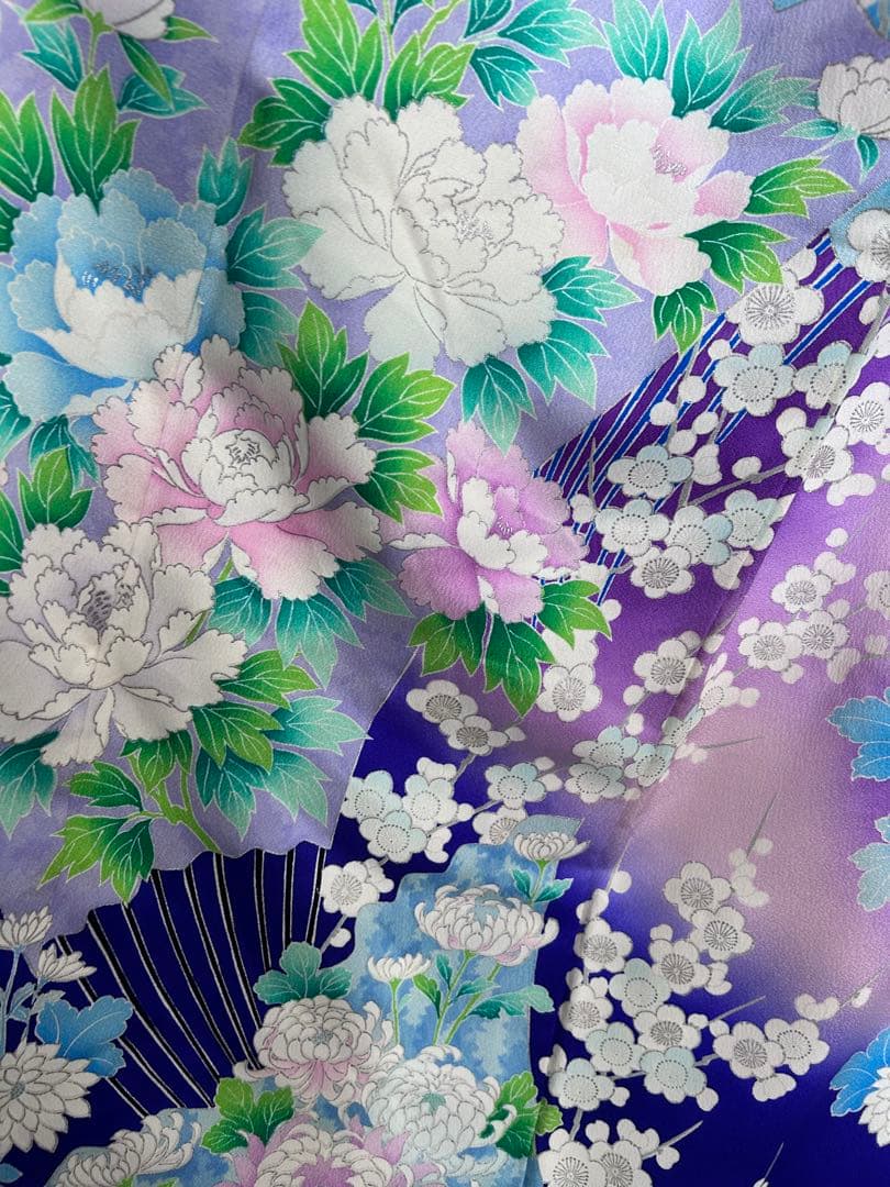 振袖 正絹 ラベンダー 紫ぼかし 扇面 花柄 美品 成人式