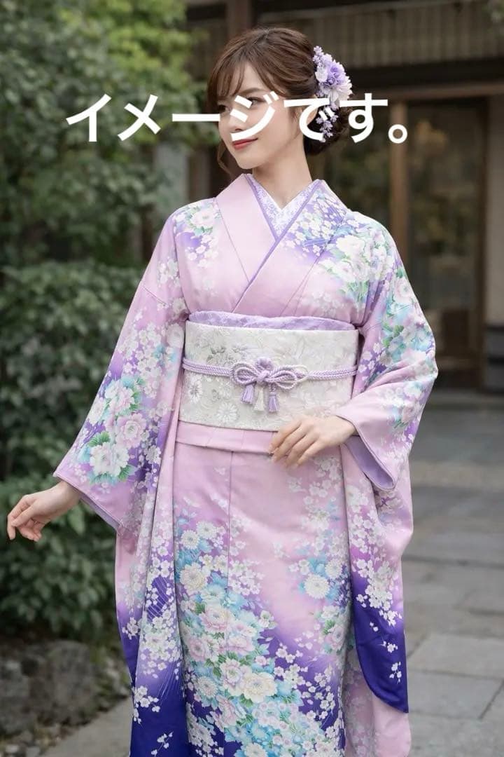 振袖 正絹 ラベンダー 紫ぼかし 扇面 花柄 美品 成人式