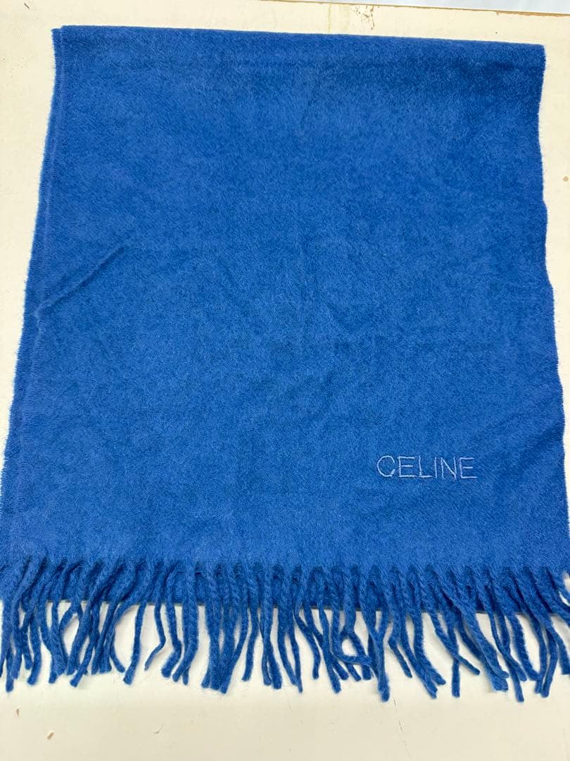 CELINE セリーヌ フリンジ マフラー カシミヤ100% ブルー ロゴ刺繍