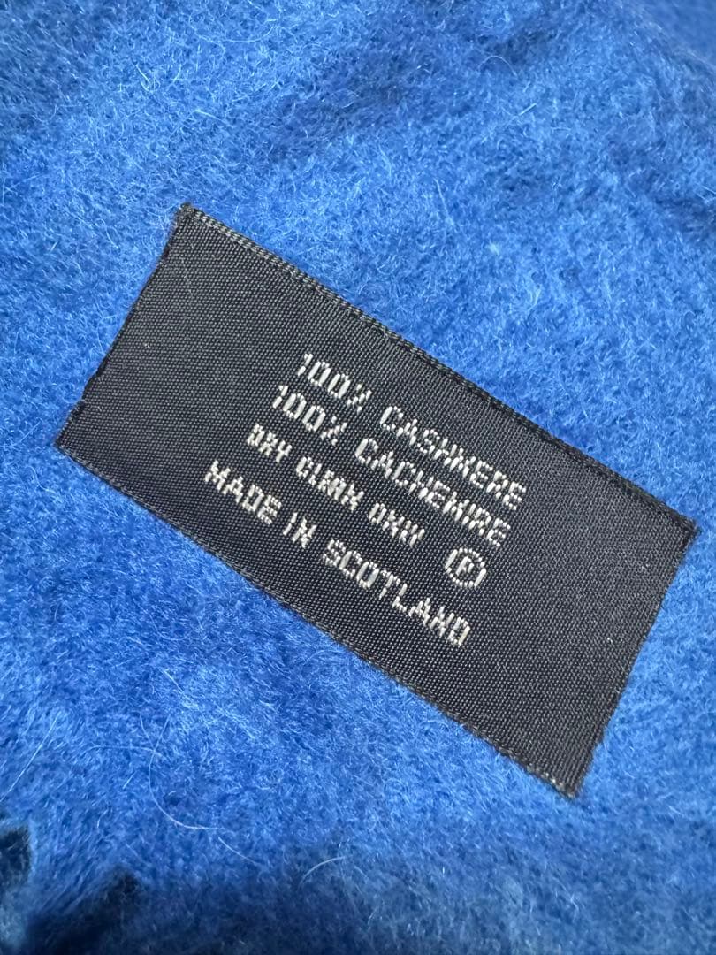 CELINE セリーヌ フリンジ マフラー カシミヤ100% ブルー ロゴ刺繍
