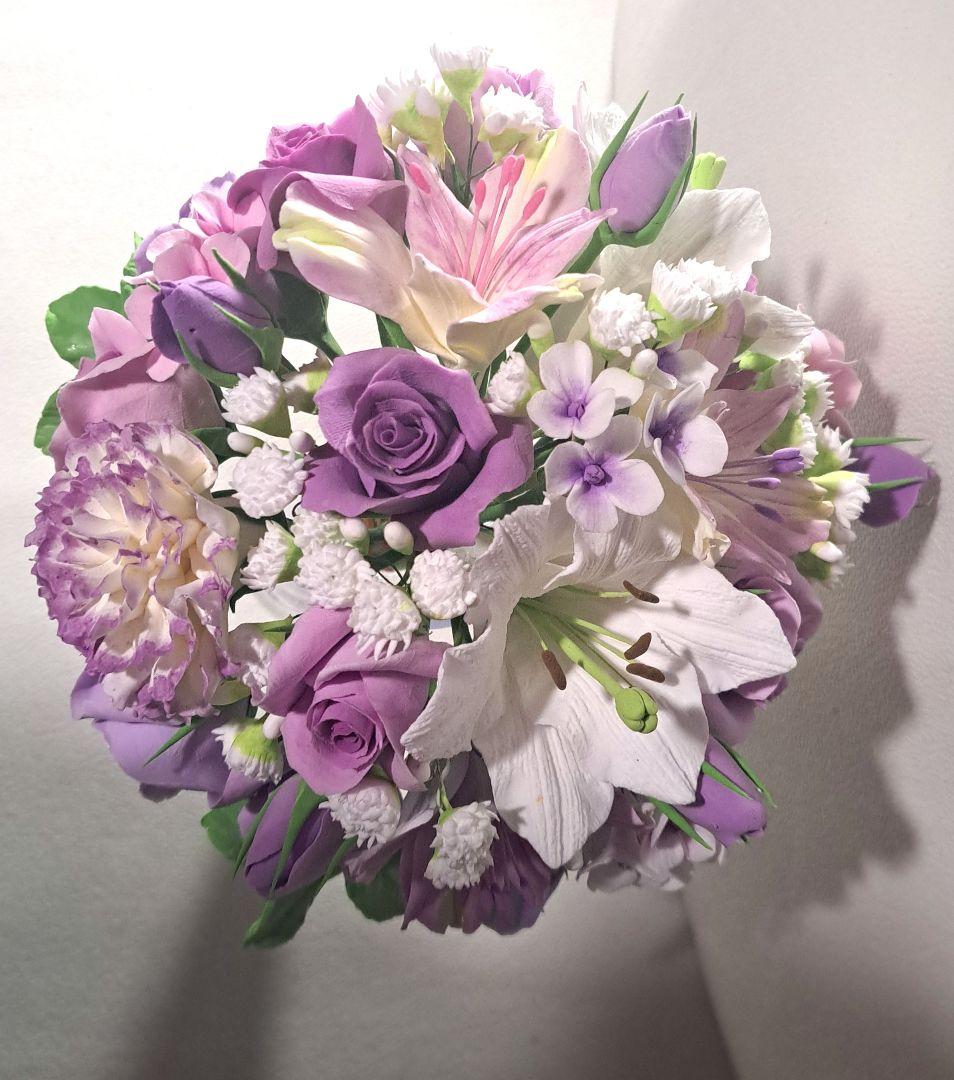 ミミ☆紫色のクレイフラワー花瓶無し とピンクの花 花瓶付き 樹脂粘土