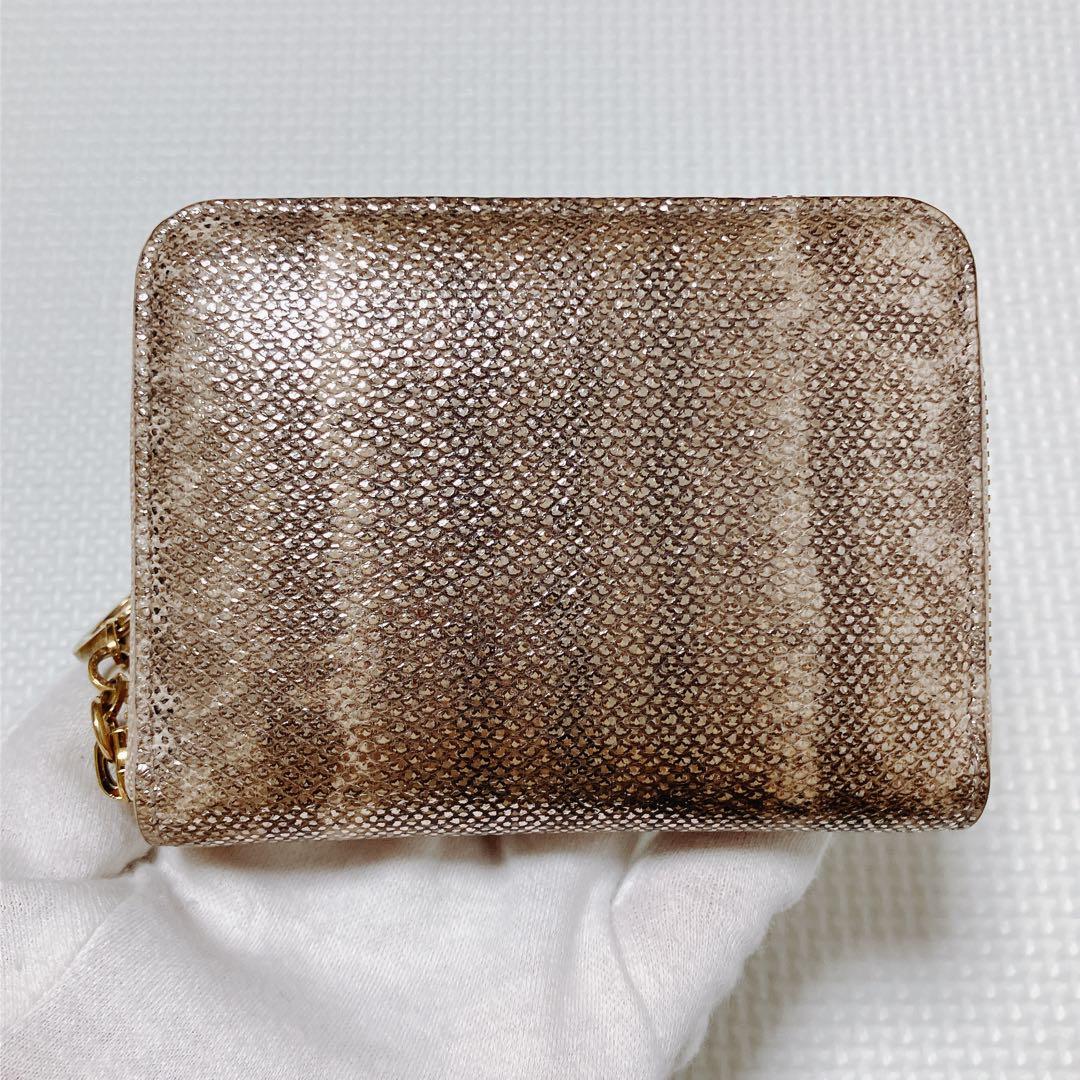 極美品BVLGARI レザーミニ財布　カルン蛇革　ライトゴールド　箱カード付き