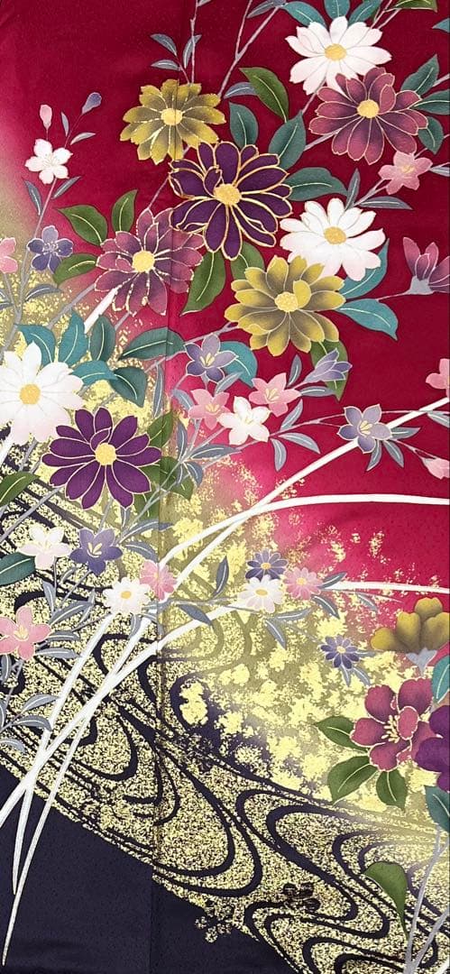 振り袖　フルセット　長襦袢付　草花　赤　金彩加工　刺繍入り　成人式　806
