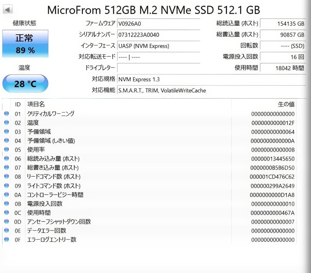 MicroFrom M.2 NVMe SSD 512GB 　正常89%