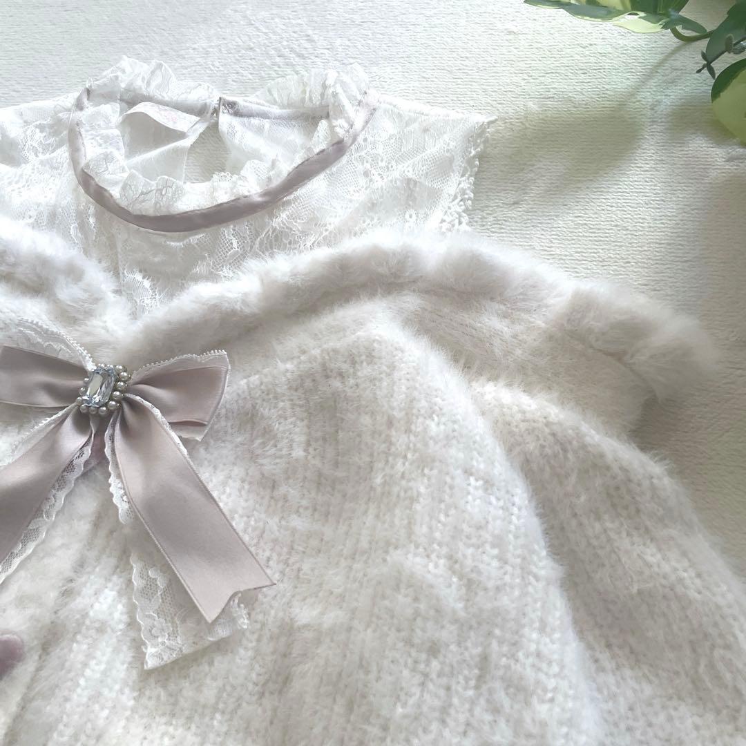 極美品♡LIZLISA レイヤード風肩あきニット　ホワイト　ピンク