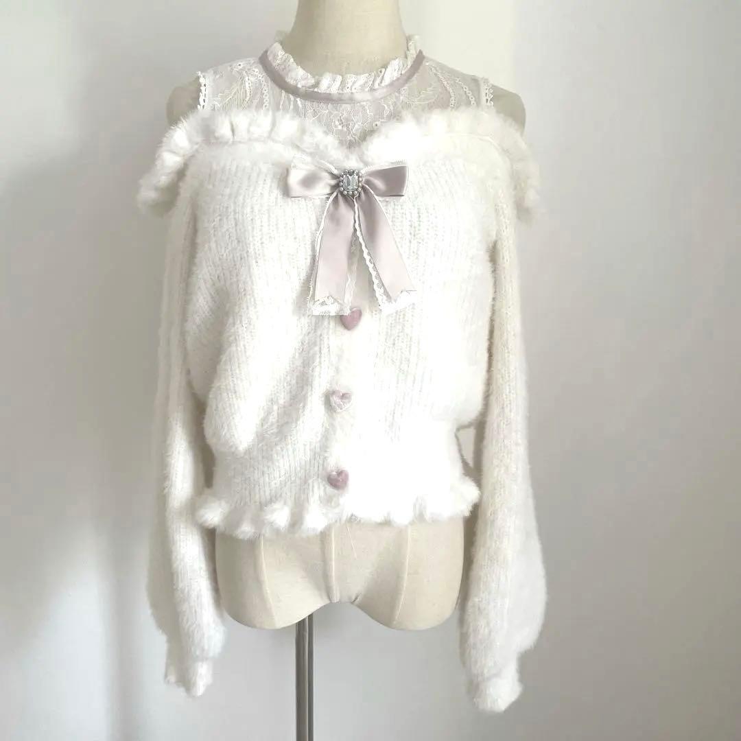 極美品♡LIZLISA レイヤード風肩あきニット　ホワイト　ピンク