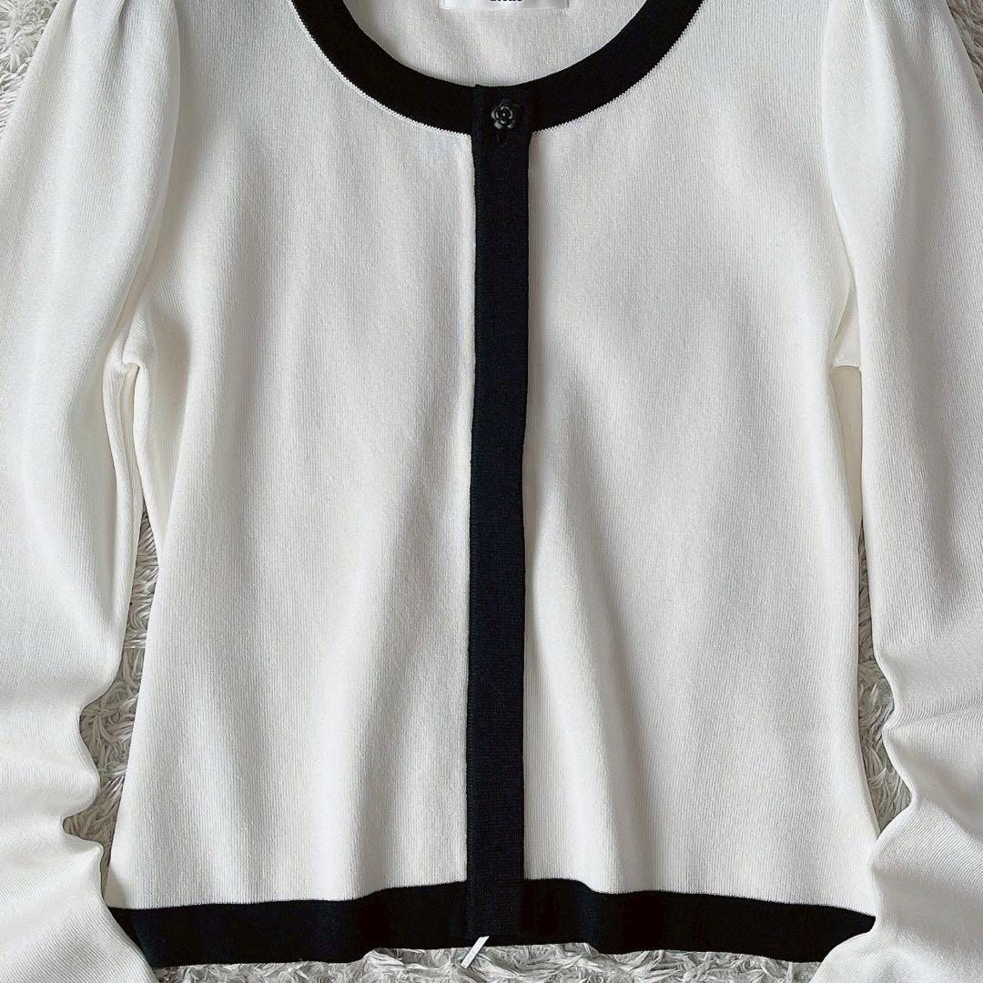 【美品】ルネ Rene カーディガン ジップアップ カメリアボタン 白×黒