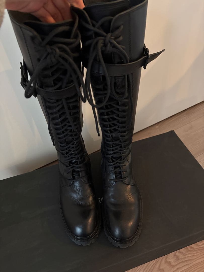 ann demeulemeester ブラックレースアップロングブーツ