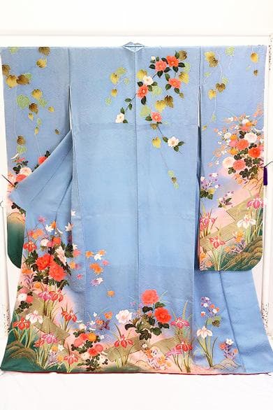 美品 本振袖 水色 金彩加工 枝花 身丈172.5cm トールサイズ フォーマル