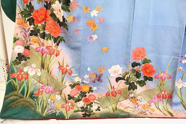 美品 本振袖 水色 金彩加工 枝花 身丈172.5cm トールサイズ フォーマル