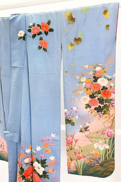 美品 本振袖 水色 金彩加工 枝花 身丈172.5cm トールサイズ フォーマル