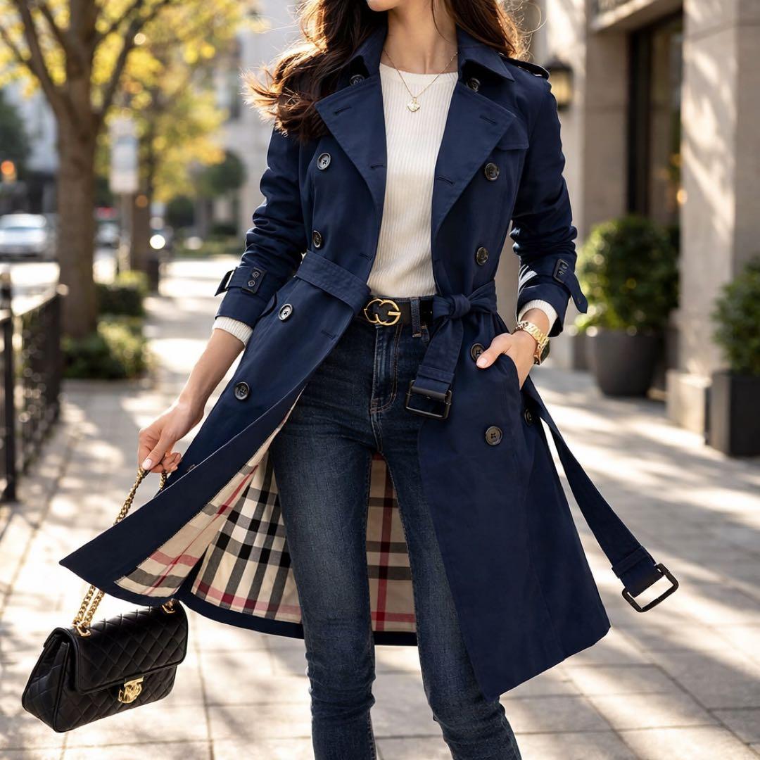 美品 BURBERRY BRITダブルトレンチコート メガチェック M ネイビー