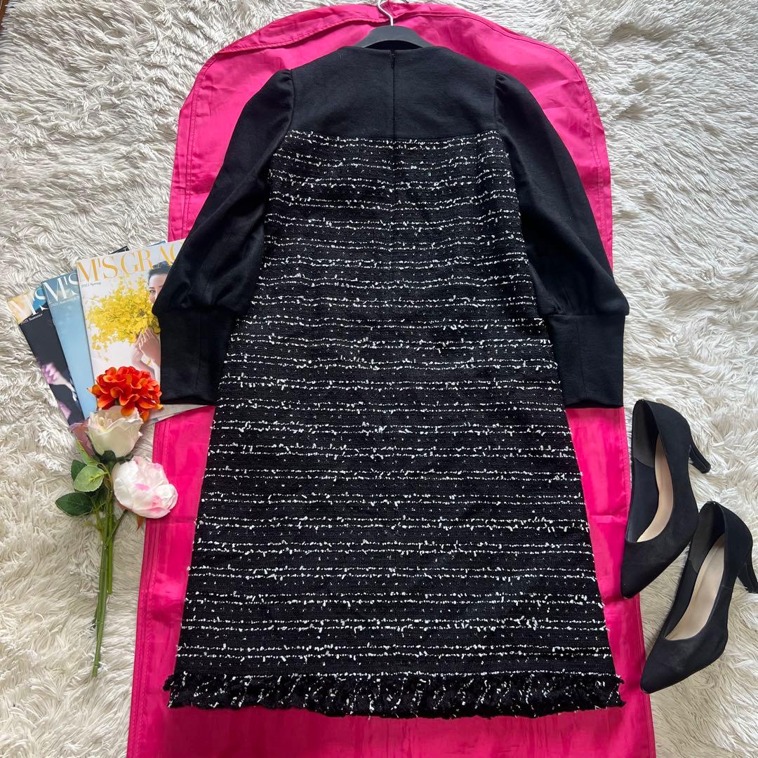 【美品】M'S GRACY 膝丈ワンピース ツイード ブラック 36 長袖