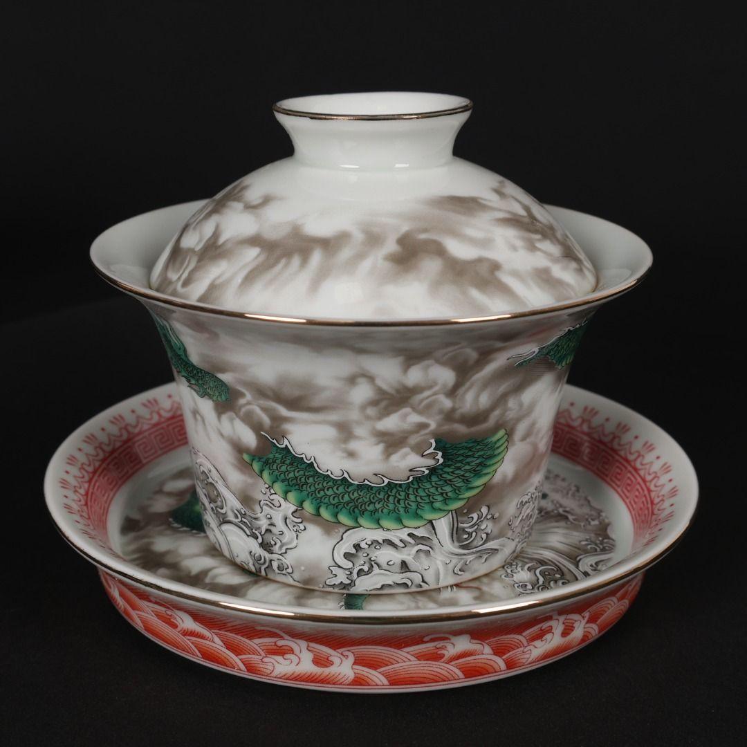 パステル緑海水竜紋蓋碗 中国茶器 景徳镇 蓋付き茶器 飲茶食器 煎茶具 未使用品