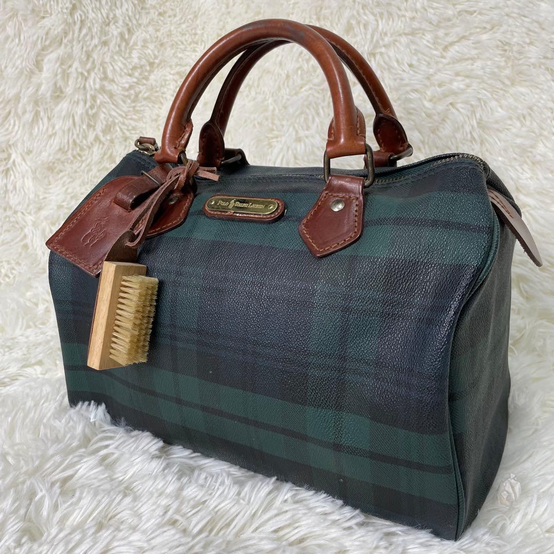 美品 ポロラルフローレン ミニボストンバッグ グリーン 緑 タータン チェック