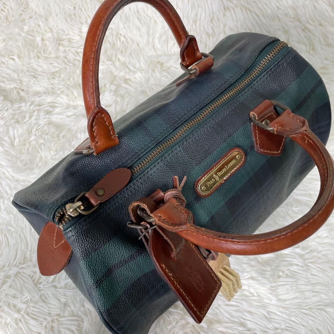 美品 ポロラルフローレン ミニボストンバッグ グリーン 緑 タータン チェック