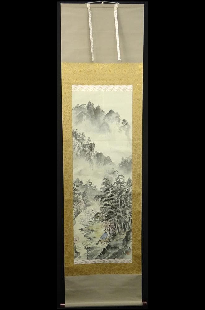 掛軸 増井富子『春景山水図』絹本 肉筆 共箱付 掛け軸 p053010