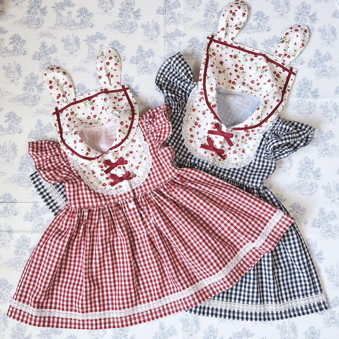 90cmイチゴとギンガムチェックセーラーワンピース赤チェック