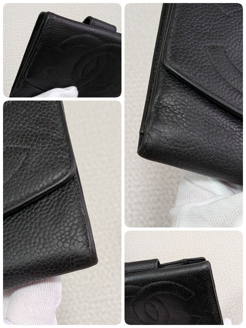 シャネル　デカココ　Wホック折り財布　キャビアスキン　黒　正規品　チェーン
