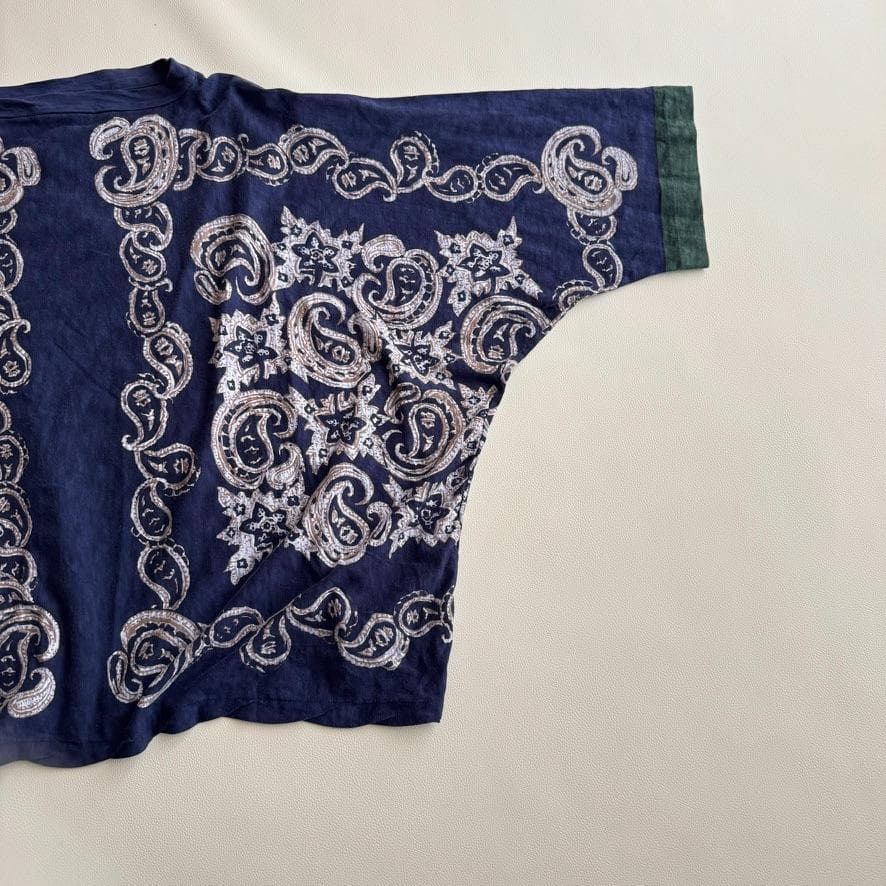 希少　45R　バンダナペイズリーTシャツ　綿100　R刺繍　美品　F　インディゴ