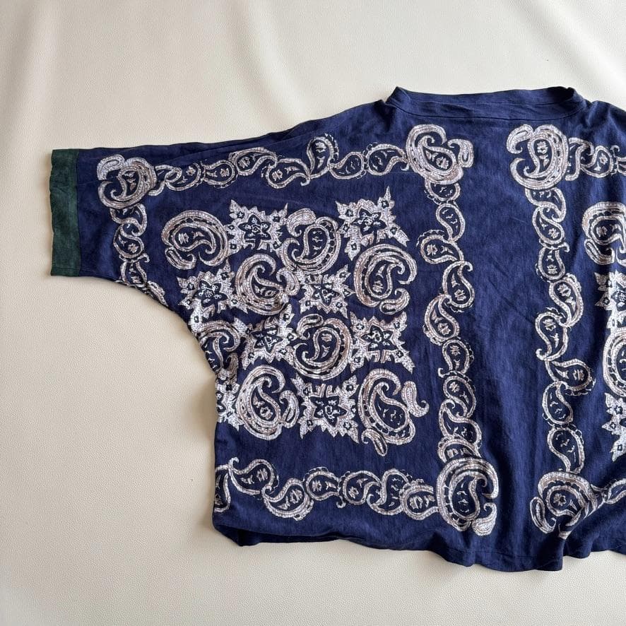 希少　45R　バンダナペイズリーTシャツ　綿100　R刺繍　美品　F　インディゴ