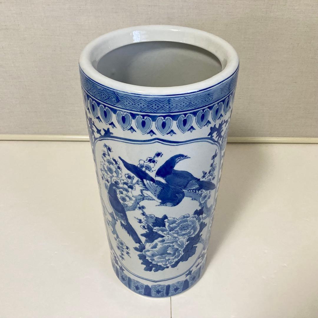 傘立て アンブレラスタンド 陶器 染付 花鳥 風景 山水 和風 円柱 レトロ