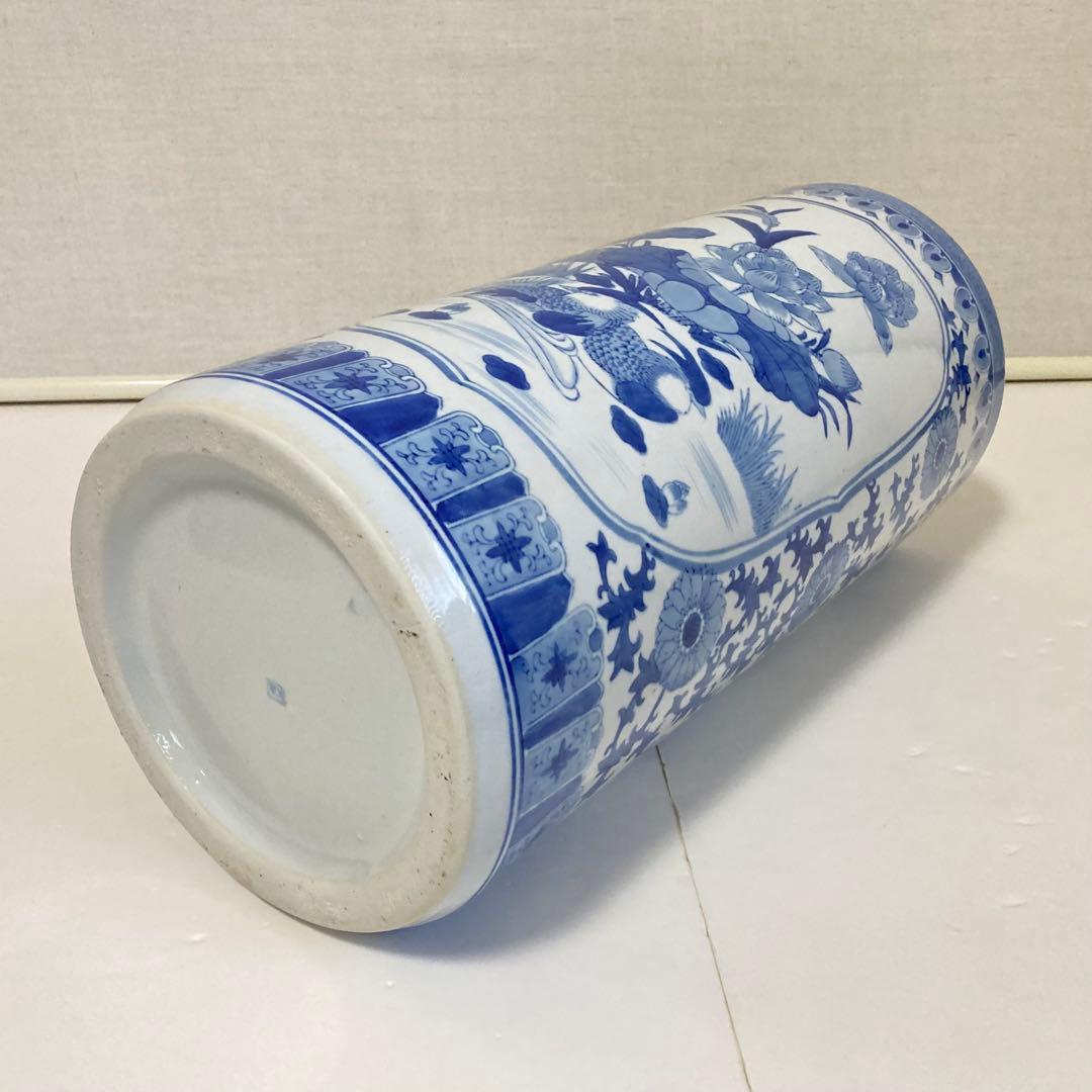 傘立て アンブレラスタンド 陶器 染付 花鳥 風景 山水 和風 円柱 レトロ