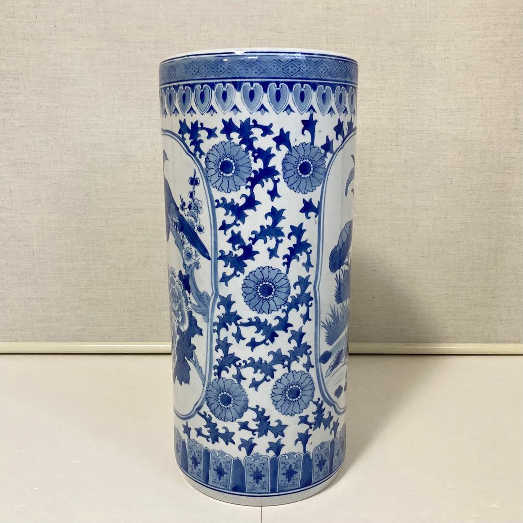 傘立て アンブレラスタンド 陶器 染付 花鳥 風景 山水 和風 円柱 レトロ