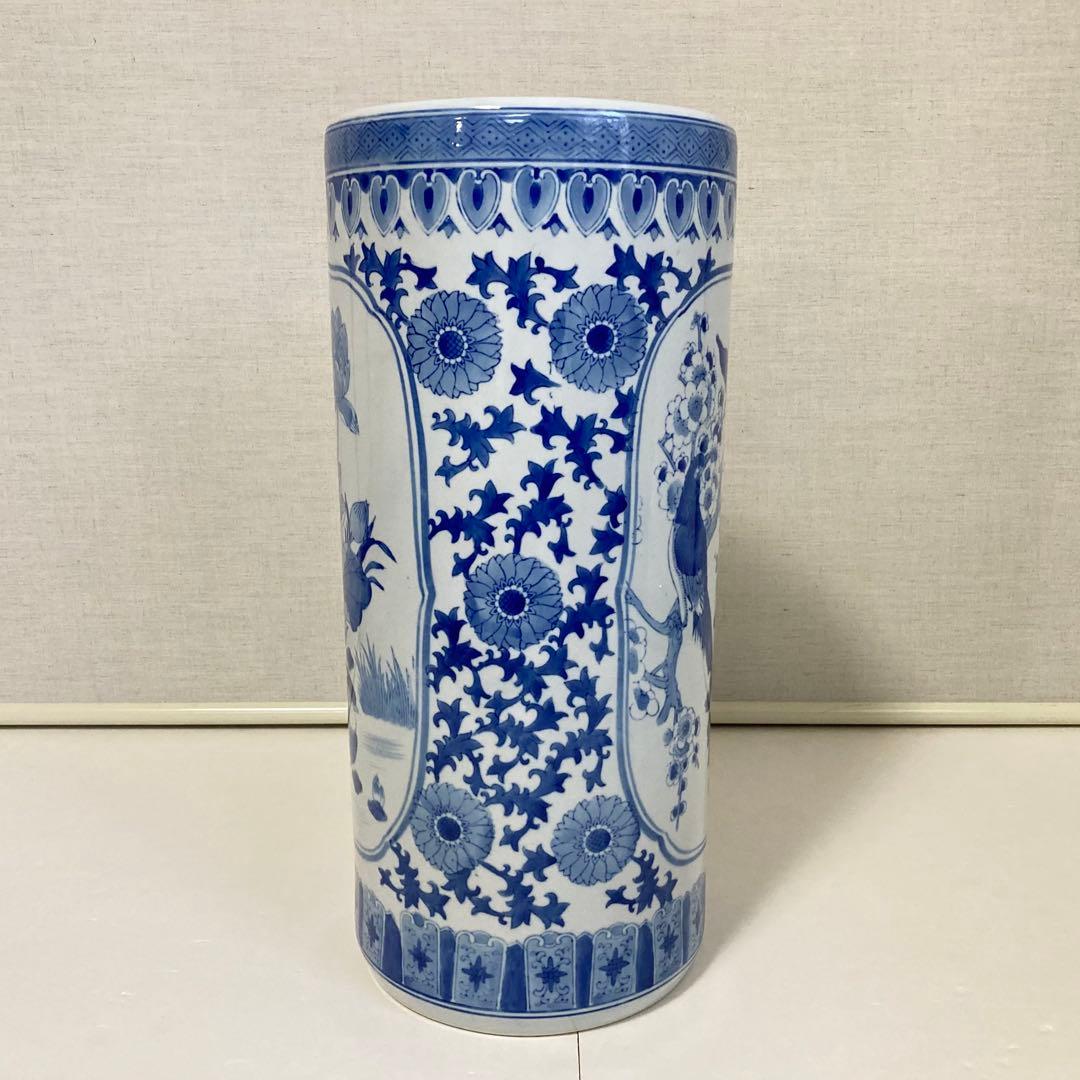 傘立て アンブレラスタンド 陶器 染付 花鳥 風景 山水 和風 円柱 レトロ