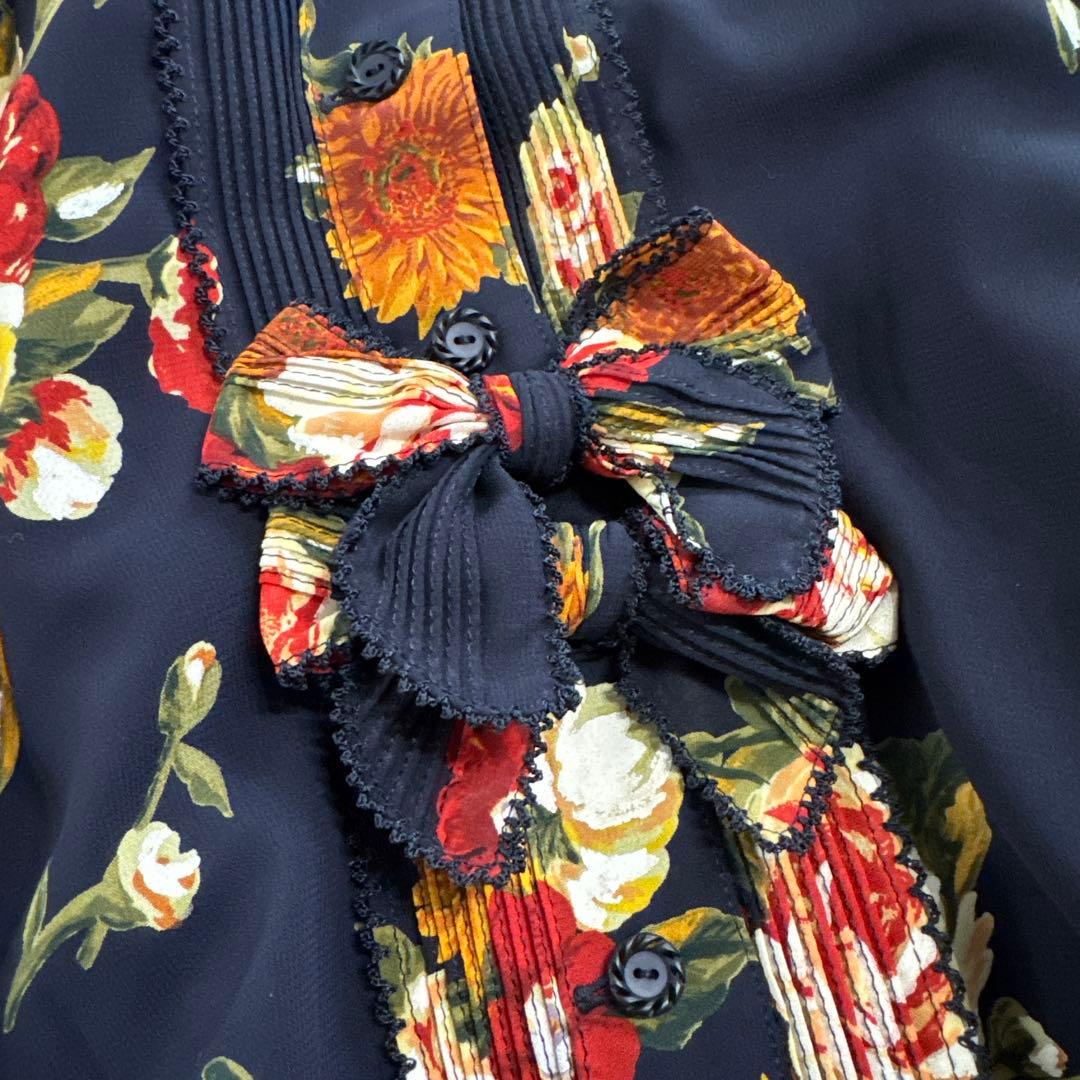 美品　INGEBORGインゲボルグ　花柄ロングスカート　ネイビー　リボン